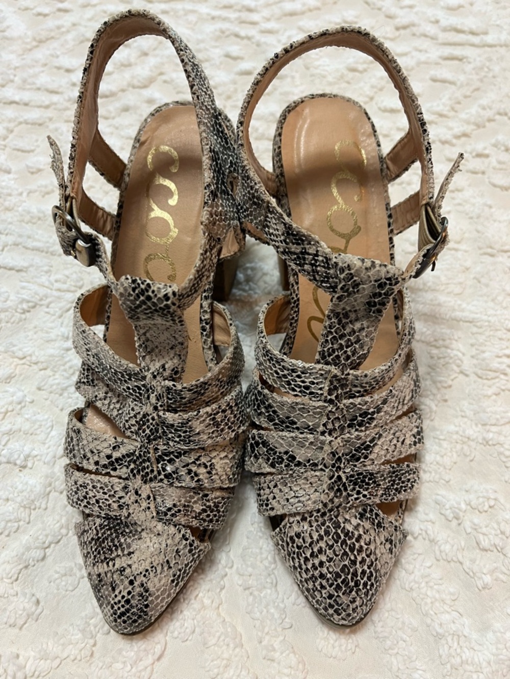 CCOCCI Snake-Print Strappy Slingback Heels in Beige and Black